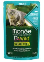 Вологий корм Monge Cat Bwild Grain Free Wet для котів тріска з креветками та овочами - 85 г