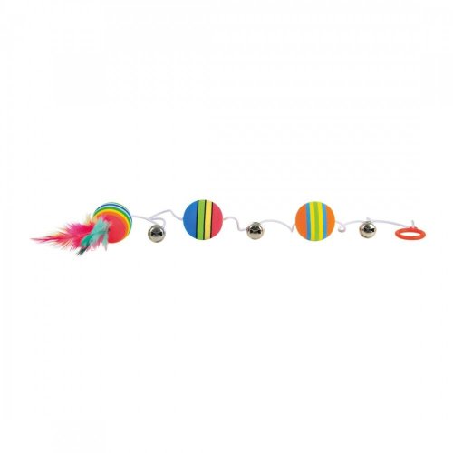 Іграшка Trixie для котів М'ячики кольорові з дзвіночками та пір'ям на гумці спінена гума 3.5х80 см - 1 шт