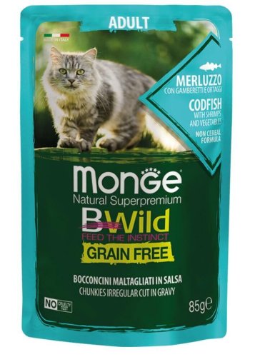 Вологий корм Monge Cat Bwild Grain Free Wet для котів тріска з креветками та овочами - 85 г