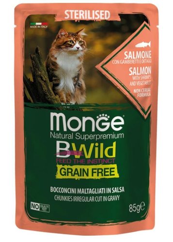 Вологий корм Monge Cat Bwild Grain Free Wet Sterilised для стерилізованих котів лосось з креветками та овочами - 85 г