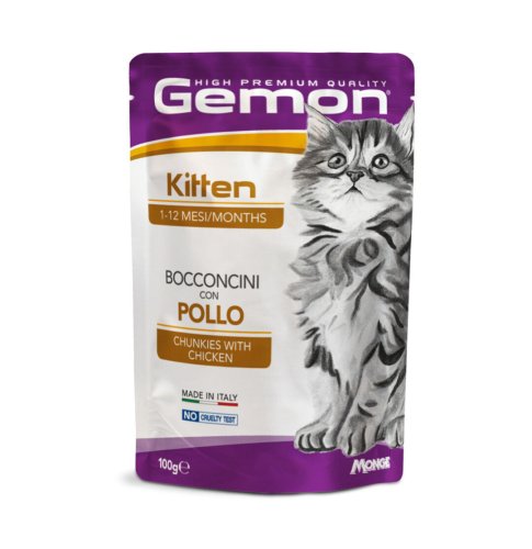 Вологий корм Gemon Cat Kitten для кошенят шматочки з куркою - 100 г