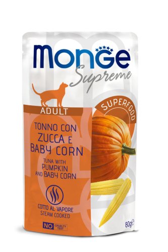 Вологий корм Monge Cat Adult для котів тунeць з гарбузом та молодою кукурудзою - 80 г
