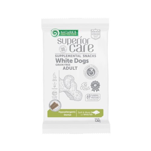 Ласощі для собак Nature's Protection Dog SC White Dogs Hypoallergenic&Dental Care з білим забарвленням шерсті з білою рибою - 150 г