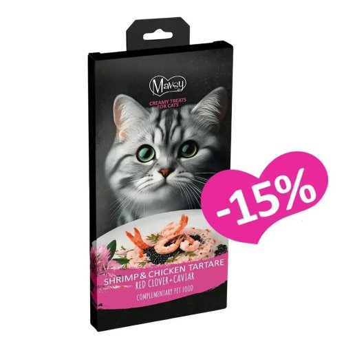 Ласощі Mavsy Creamy Shrimp and Chicken Tartare With Red Clover and Caviar у вигляді тартару з креветок і курки з червоною конюшиною та ікрою - 5х15г