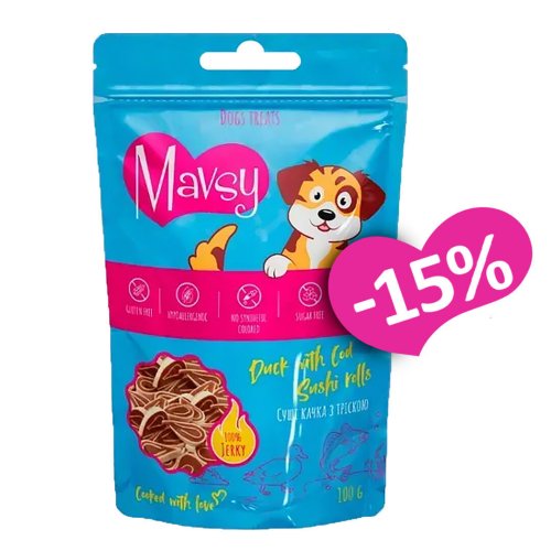 Ласощі Mavsy Duck with Cod Sushi Rolls Суші качка з тріскою для собак - 100 г