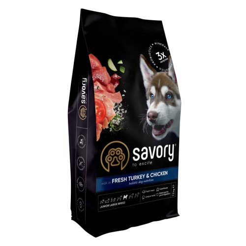 Сухий корм Savory Dog Junior Large rich in Fresh Turkey & Chicken для юніорів великих порід зі свіжою індичкою і куркою - 12 кг