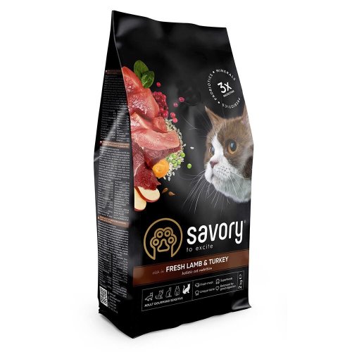 Сухий корм Savory Adult Cat Sensitive Digestion Fresh Lamb & Turkey для котів з чутливим травленням зі свіжим ягням та індичкою - 2 кг
